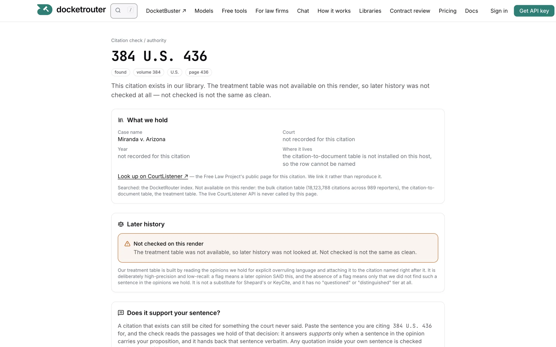 The authority page for 384 U.S. 436: found, Miranda v. Arizona, what the library holds, and a later-history panel reporting that the treatment table was not checked on this render.