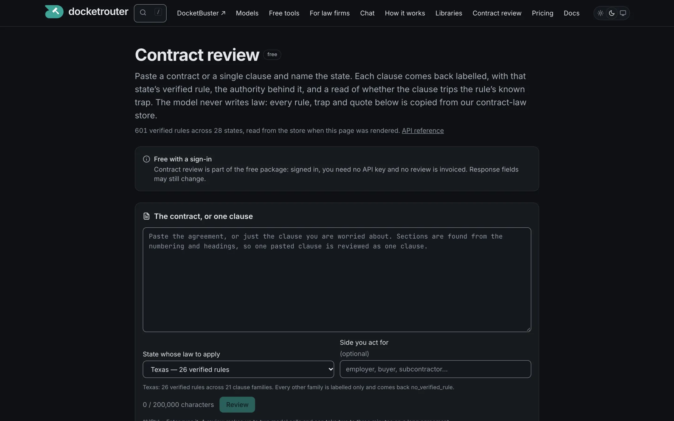 The contract review screen: the paste box, the state menu, and the store's verified-rule coverage.