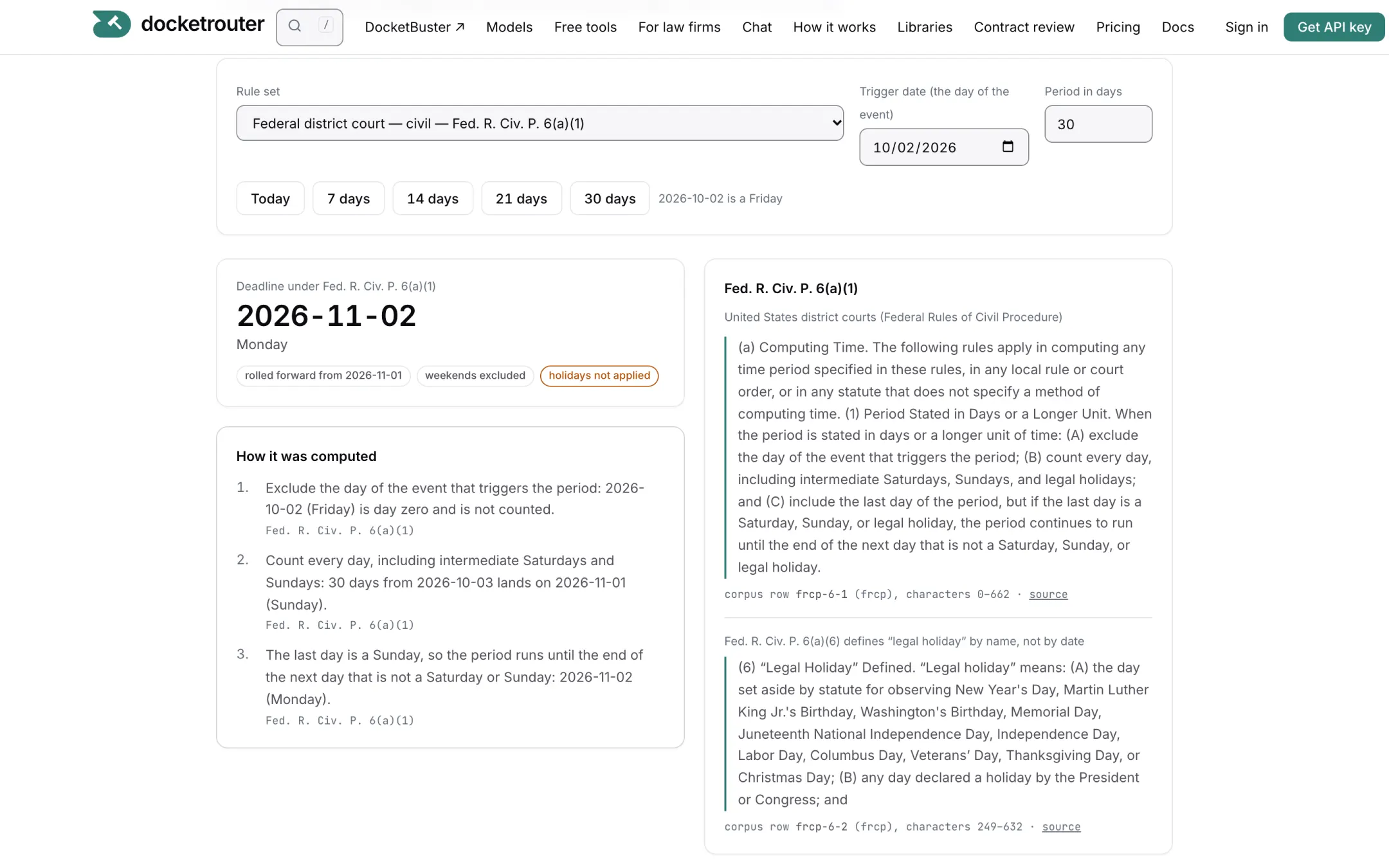 The deadline calculator: 30 days from 2 October 2026 under Fed. R. Civ. P. 6(a)(1) computed to 2 November 2026, with the three counting steps and the rule quoted in full.