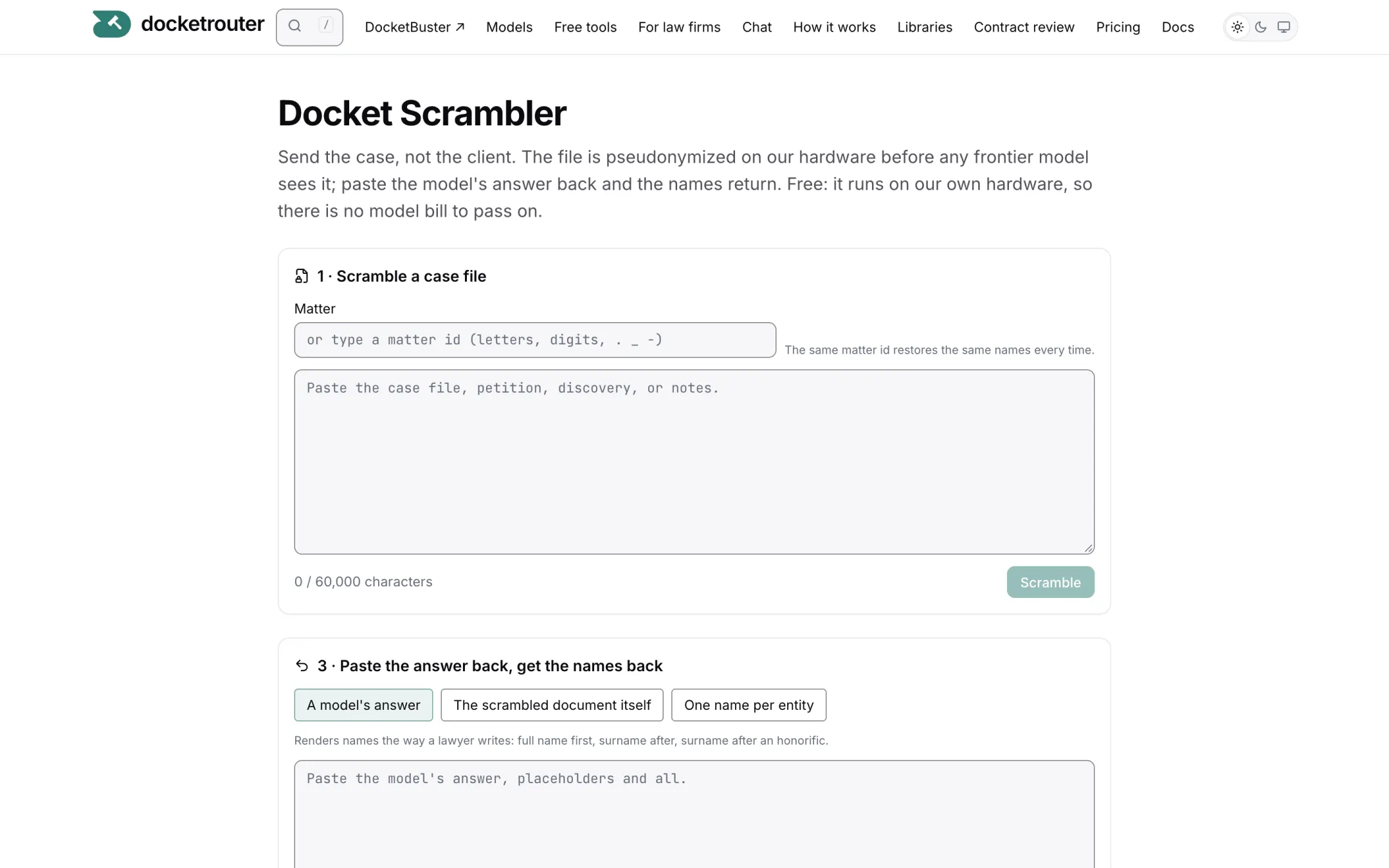The scrambler's three steps: scramble a case file for a matter, take it to any model, paste the answer back to restore the names.