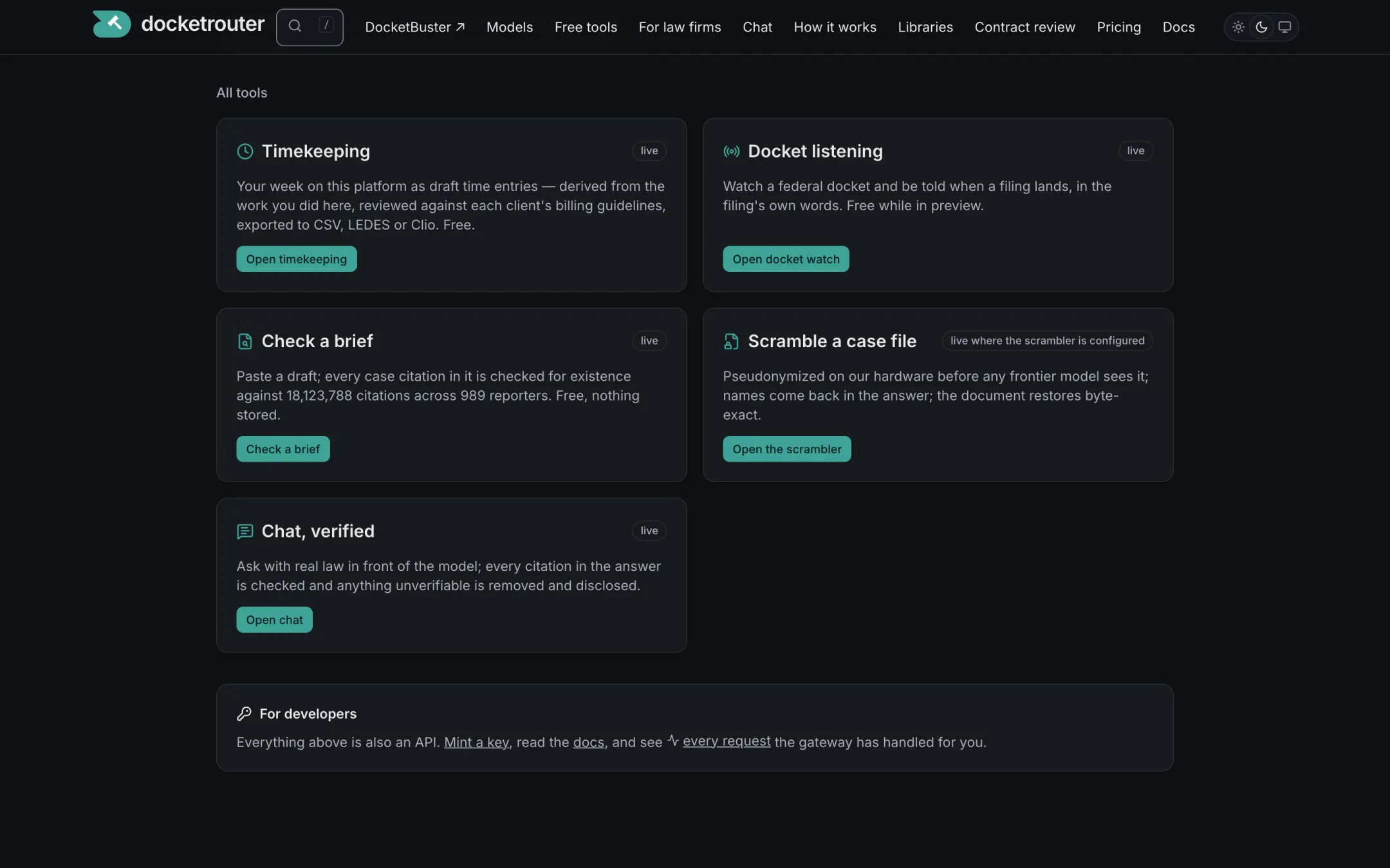 The workspace tool grid: timekeeping, docket listening, the brief check, the scrambler and verified chat, each with its live status.