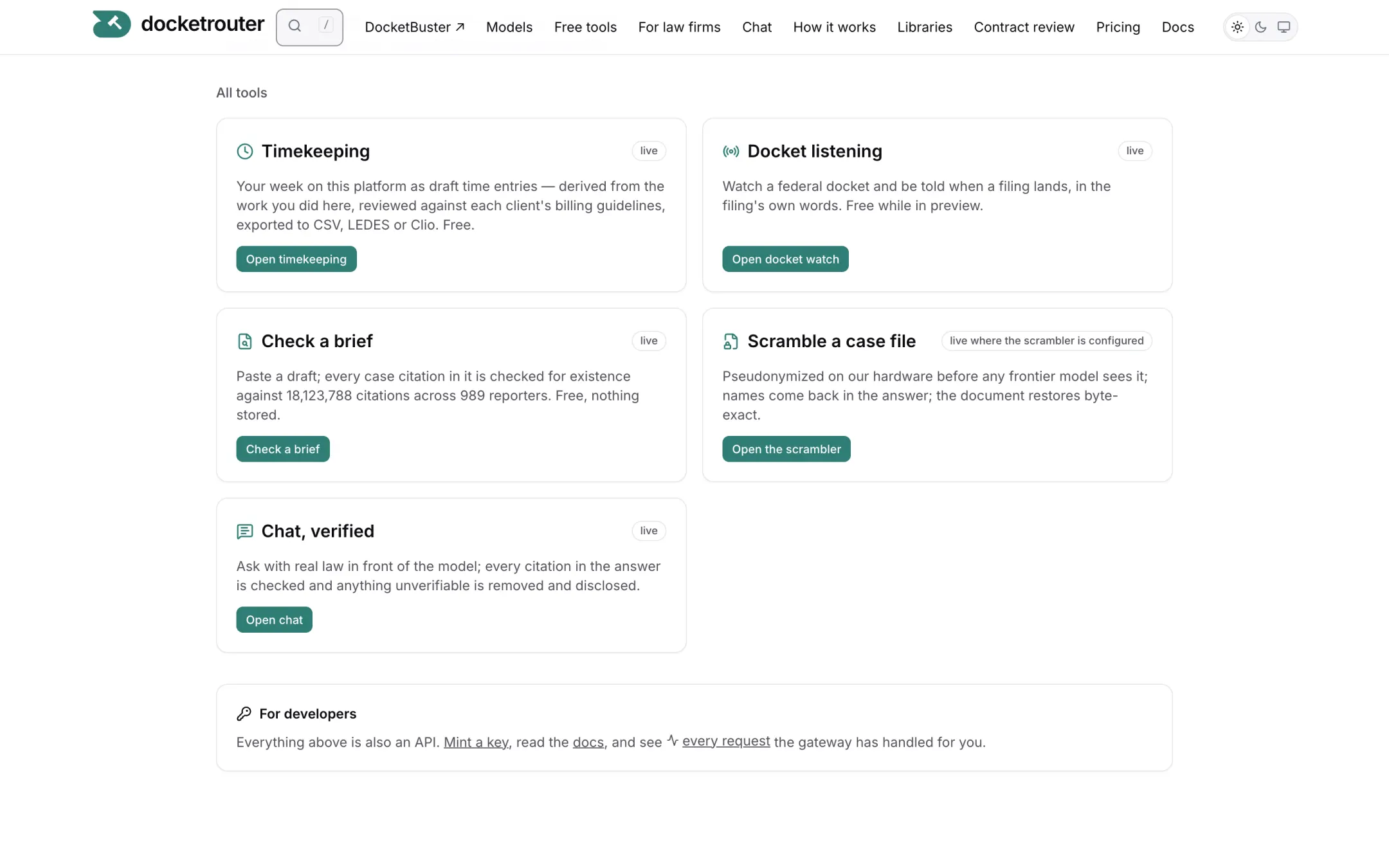 The workspace tool grid: timekeeping, docket listening, the brief check, the scrambler and verified chat, each with its live status.